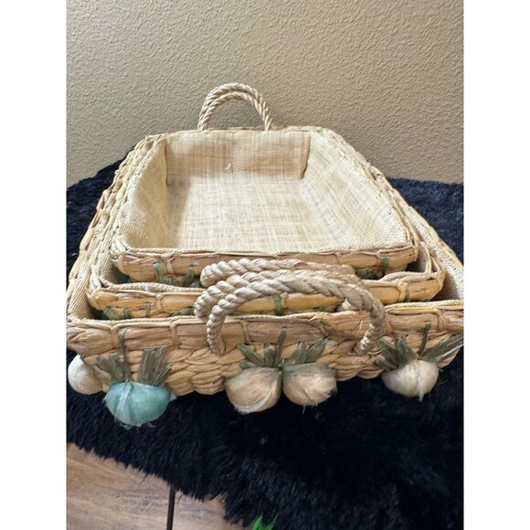 Vintage Woven Decorative Rectangular Nesting Baskets Rustic Mid Century - Picture 4 of 10